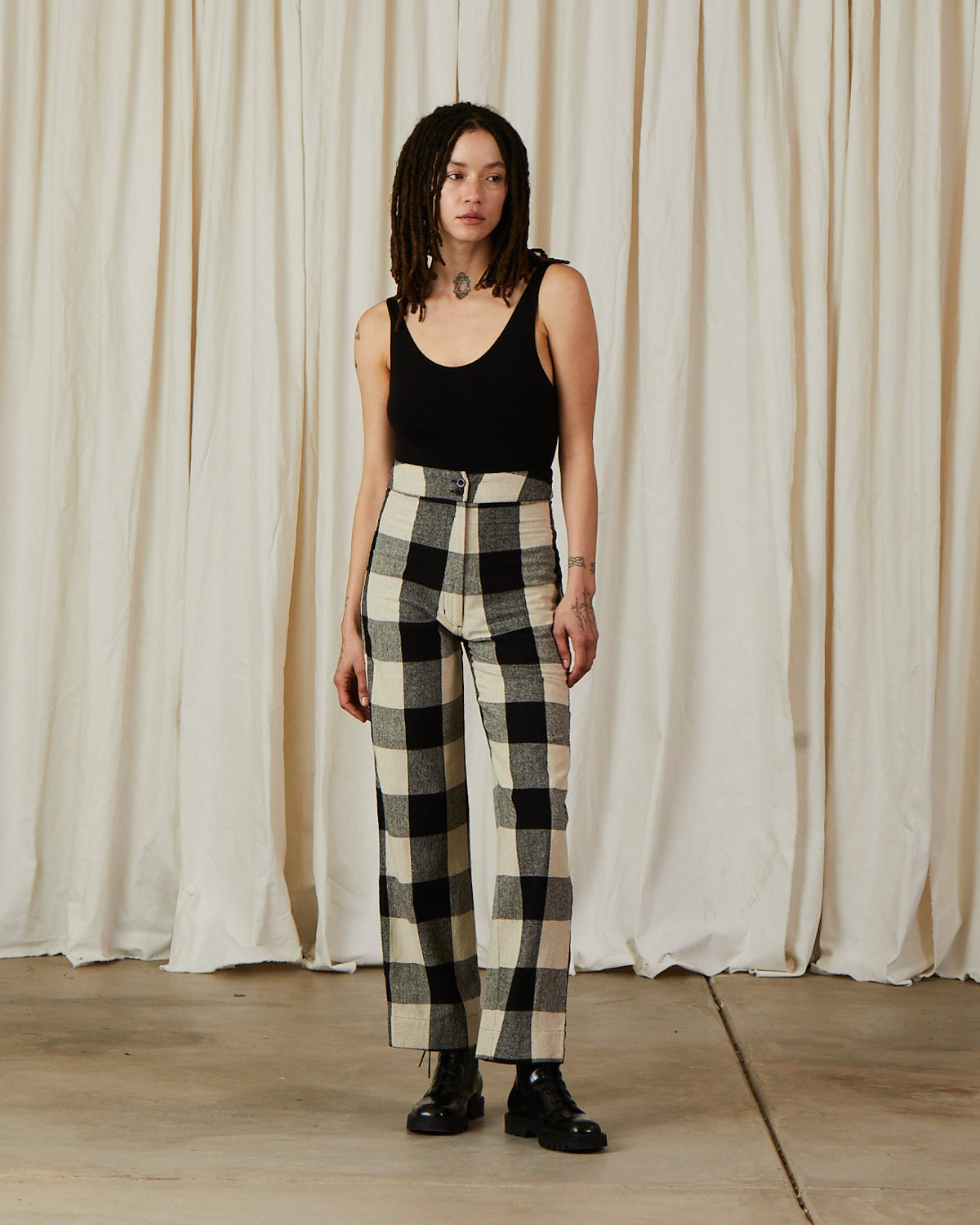 Silk Fly Front Pants with Pockets - Black / Cream Plaid