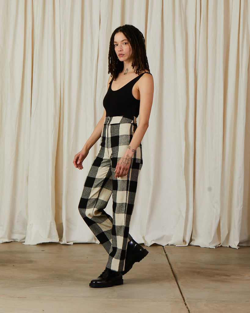 Silk Fly Front Pants with Pockets - Black / Cream Plaid