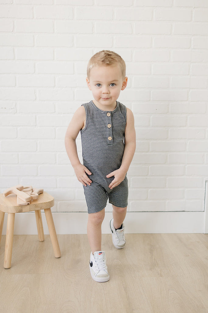 Charcoal + White Striped Ribbed Short Romper